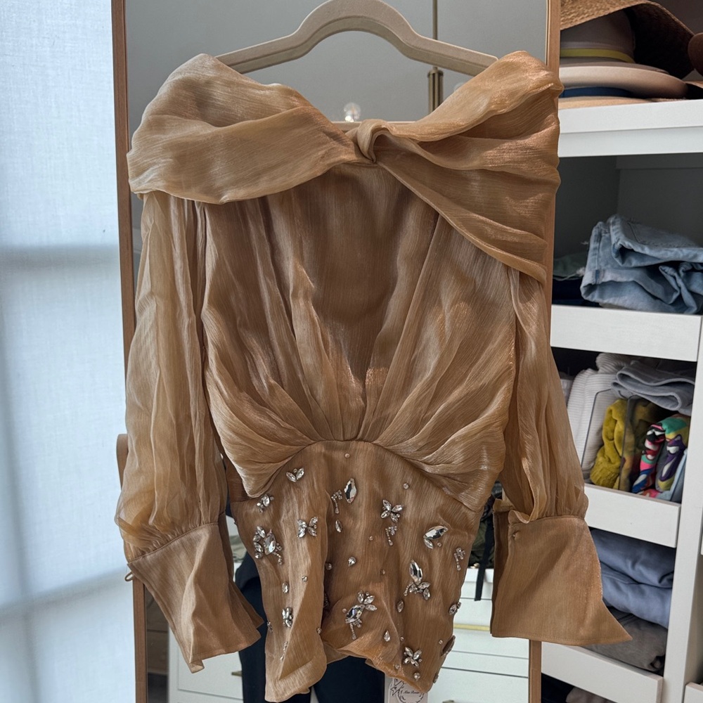 Elegant Tan Blouse with Bow Detail